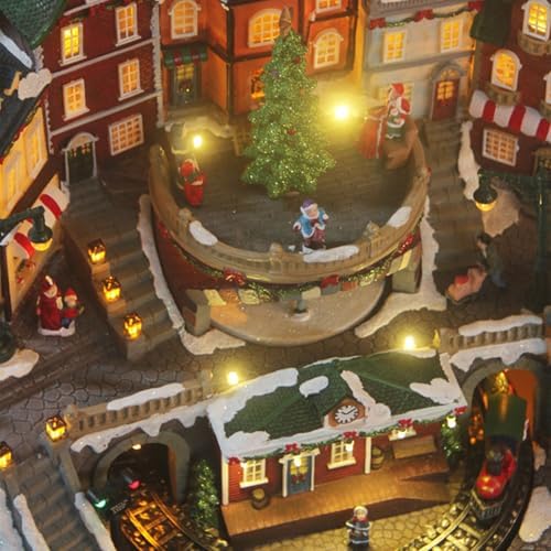 Christmas Village Houses, Rotating Train with Rotating Christmas Tree and Peoples Lighted Musical Christmas Village Collectible Building for Xmas Indoor Decorations or Holiday Table Displays