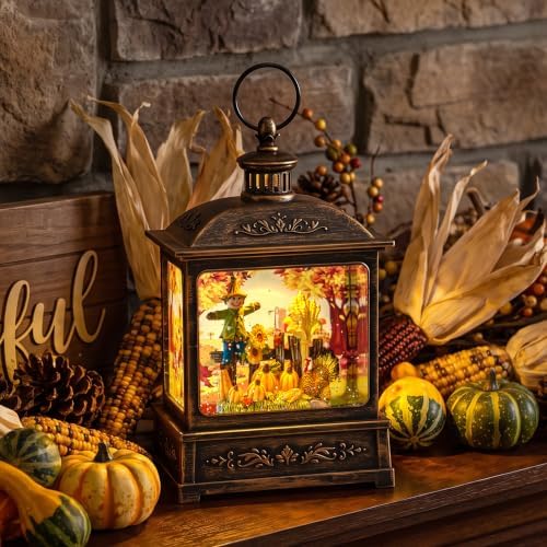 Fall Snow Globe Lantern - Scarecrow and Turkey Lighted Water Lantern with Swirling Glitter Fall Decorations for Home, Thanksgiving, Autumn Harvest Fall Decor