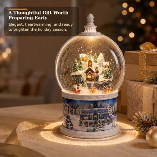 10.24" Large Christmas Snow Globe Lantern, Lighted Musical Winter Village with Swirling Glitter, Rotating Santa & Reindeer, USB/Battery Powered, 6H Timer, Christmas Tabletop Decor