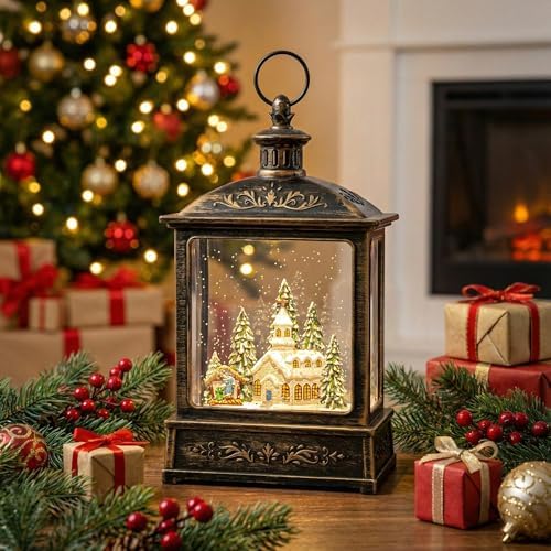 12.5'' Musical Snow Globe Lantern Lighted Church with Nativity Manger Scene Water Lantern in Swirling Glitter, Christmas Home Decoration and Gift, Battery Operated or USB Powered