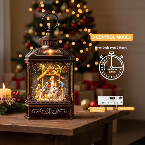 Christmas Snow Globe Lantern Lighted Adoration of The Magi Nativity Manger Scene, Musical Water Lantern Play Silent Night Music in Swirling Glitter, Holiday Decorations Gift
