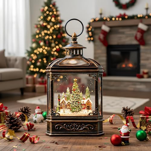 Christmas Village Snow Globe Lantern Musical Lighted Village House Water Lantern in Swirling Glitter, Christmas Home Decoration and Gift, Battery Operated or USB Powered