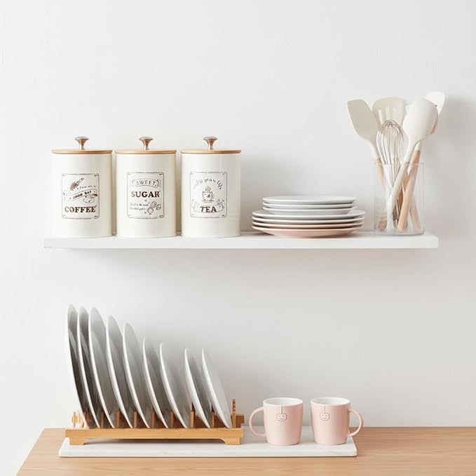 Youeon Metal Canisters Sets for the Kitchen, 40 Oz Coffee Sugar Tea Container Set, Farmhouse Style, Food Storage Containers with Lids for Countertop, Cabinet, Coffee Bar Decor, Beige