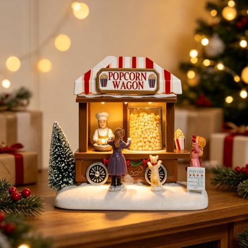 MUMTOP Christmas Village House, Animated Popcorn Wagon with Light and Music