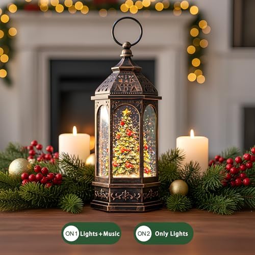 Lighted Christmas Tree Cardinal Music Snow Globe Water Lantern with Swirling Glitter Decoration for Christmas Home, Living Room, Battery Operated or USB Powered