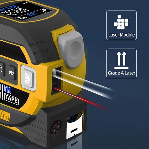 Voice Intelligent Tools 3-in-1 Laser Tape Measure ,Digital Measuring Tape Ruler-LCD Backlight 5M/16Ft Tape & Laser 100m/328Ft Rangefinder,Crosshairs Markings,Data Storage (Yellow, 100m/328ft)