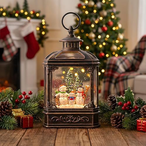 VISFLAIR Christmas Snow Globe Lantern Lighted Snowman Family Musical Water Globe with Swirling Glitter, Christmas Holiday Party Gifts and Decorations