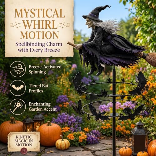 Enchanted Witch Garden Wind Spinner, Outdoor Metal Halloween Garden Art Yard Stake Windmill Style, Halloween Witch Yard Decorations, Ground Stake Included Outdoor Lawn Decor
