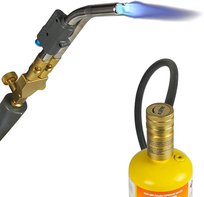 BLUEFIRE HZ-8150 Double Heads Swirl Flame Self-Ignition Hosed Turbo Torch 5' long Hose Trigger Start MAPP MAP Propane Welding Blowtorch Nozzle for brazing large diameter copper pipes, Torch Only