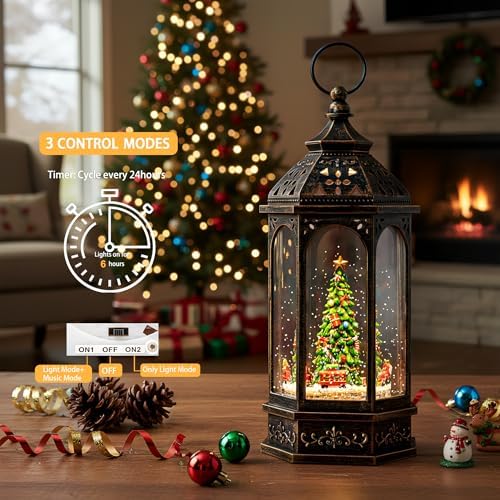 VISFLAIR 12.8'' Christmas Snow Globe, Santa Train Will Rotate Around The Christmas Tree with Musics Swirling Glitter Water Lantern Decoration for Home, Battery Operated or USB Powered