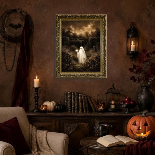 Gold Vintage Framed Ghost Wall Art, Whimsical Halloween Nature Print