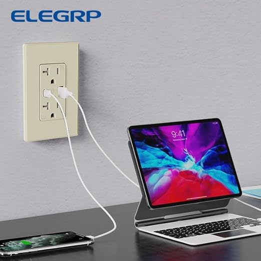 ELEGRP USB Charger Wall Outlet, USB A & C Ports, 20 Amp NEMA 5-20R, Wall Plate Included, UL Listed, Almond 6 Pack