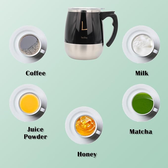 Rechargeable Self Stirring Mug - Magnetic Electric Auto Mixing Stainless Steel Cup for Office/Kitchen/Travel/Home Coffee/Tea/Hot Chocolate/Milk-390 ml/13.2 oz(Black)