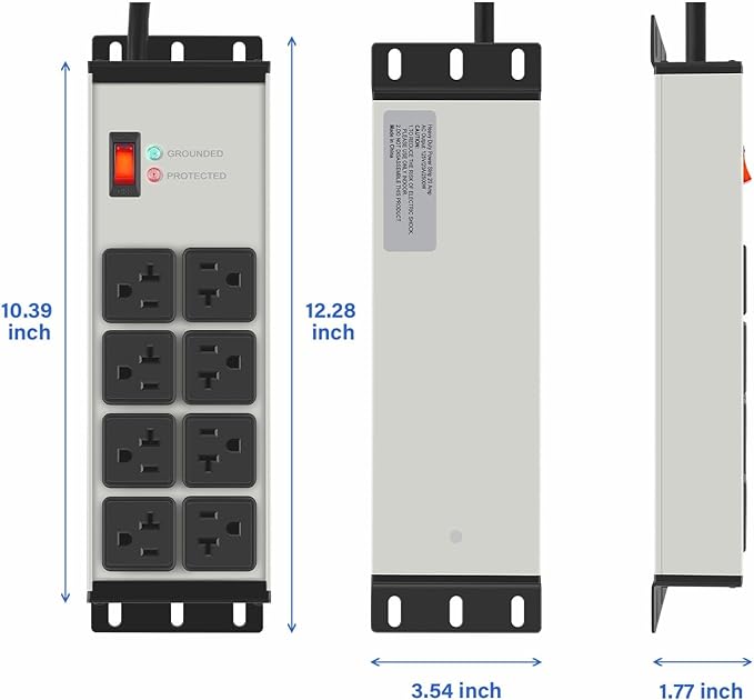 CCCEI Heavy Duty Power Strip Surge Protector 20 AMP Switch, 12 Gauge Extension Cord with Multiple Outlets, Industrial, Shop, Garage High Amp Wall Mount Electric Extender. 15FT, Grey.
