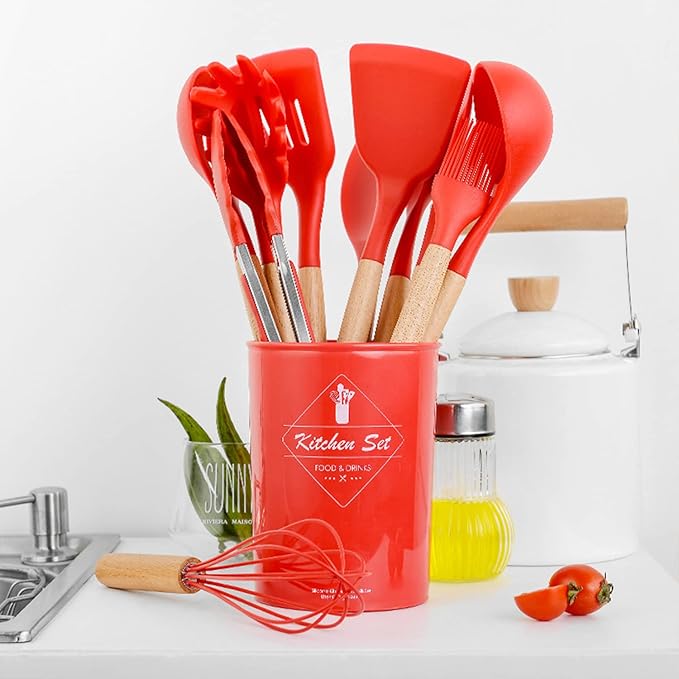 Silicone Kitchen Utensils Set, 12-piece Cooking Utensils Set Non-stick Cookware Is Heat-resistant, BPA-Free, Cooking Tools, Stirring Kitchen Tool Set (Red Kitchen Utensils)