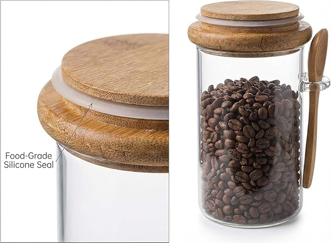 Glass Food Storage Canisters with Airtight Bamboo Lids – Set of 3 Clear 34oz Jars with Wooden Spoons, Stackable Kitchen Storage Containers for Coffee, Tea, Sugar, Flour, and Pantry Organization