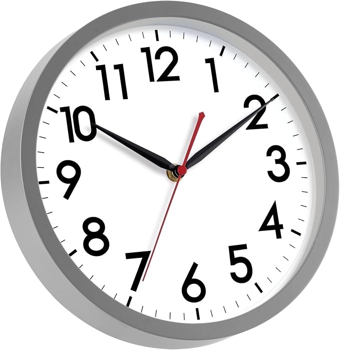 AKCISOT 10 Inch Wall Clock, Battery Operated Analog Clock, Silent Non-Ticking, Ideal for Bedroom, Bathroom, Kitchen, Office and School, Gray