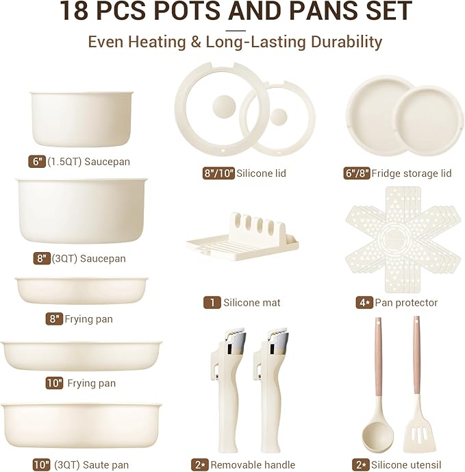 Ammeloo 18-Piece Ceramic Pots and Pans Set Non Stick, Non Toxic Cookware Set with Removable Handles, Pot Sets for Cooking, Induction Ready, Dishwasher & Oven Safe, PFAS PFOA & PTFE Free (Cream White)