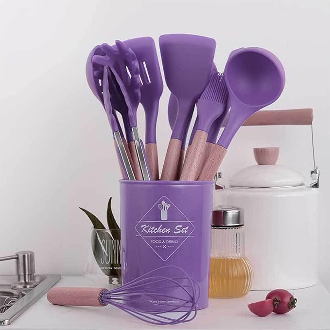 Kitchen Silicone Cookware Set, 12-piece Non-stick Cookware, Heat-resistant, BPA-free, Cooking Tools, Stirring Kitchen Tool Set (Purple)