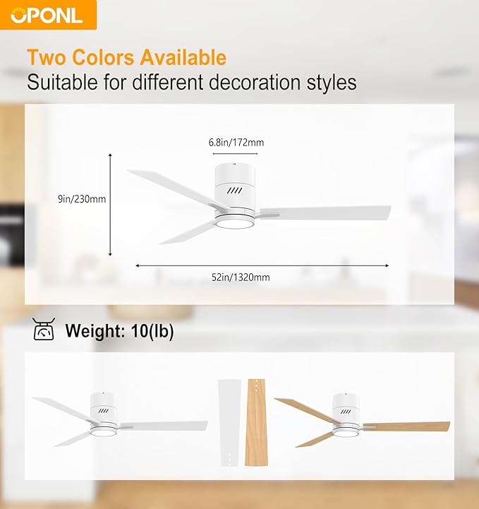 OPONL 52 Inch White Ceiling Fan with Light, Remote Control, Noiseless, Reversible, 6CCT, Dimmable, Timeable, Metal Housing Ceiling Fans with Lights for Bedroom, Indoor/Outdoor Use