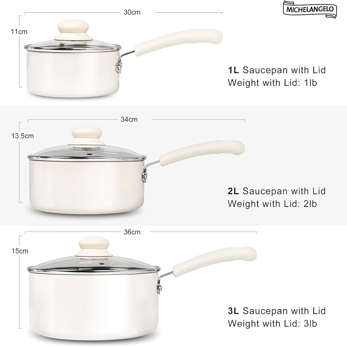 MICHELANGELO Nonstick Saucepan with Lid, Ceramic Sauce Pan Sets, Easy to Clean Sauce Pans, Multi-Purpose Cooking Pots, 1QT & 2QT & 3QT, White