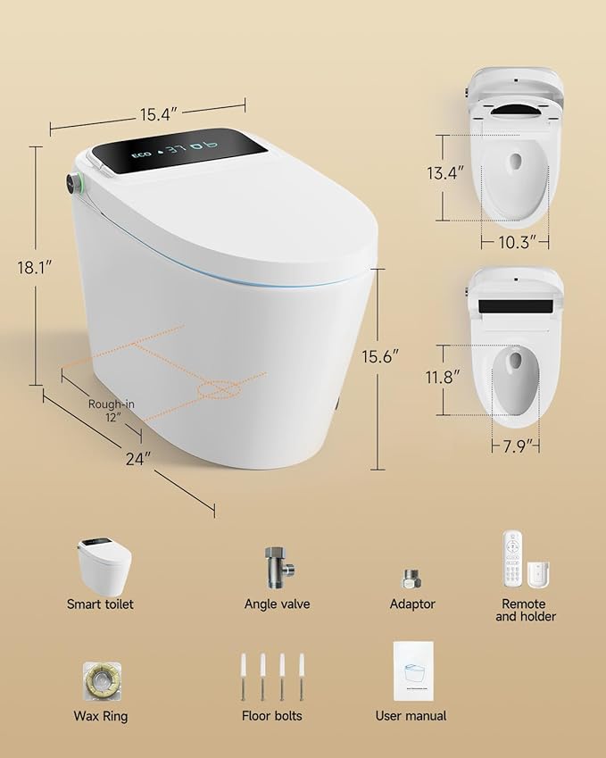 Smart Toilet with Bidet Built In, One Piece Smart Toilet with Auto Open/Close Lid, Powerful Flush, Heated Seat, Warm Water Wash & Dryer, LED Display, Night Light, 1.28 GPF