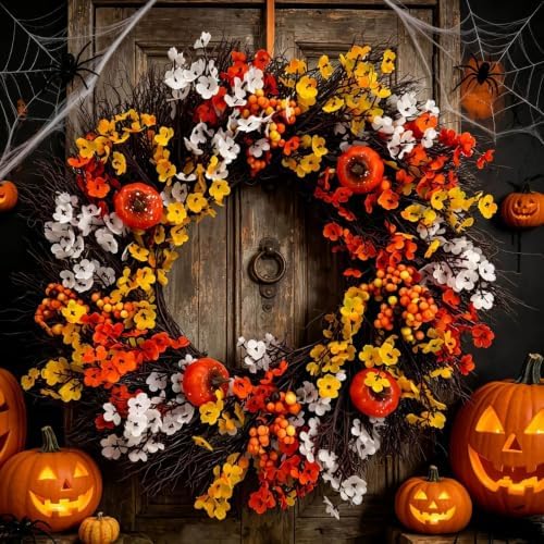Rotating Naturals Seasonal Floral Ring for Home Entryways and Celebrations in Elegant Style (Orange, 40cm)