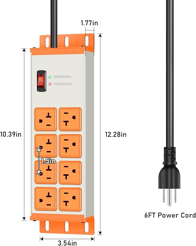 JUNNUJ Heavy Duty Surge Protector 4800J, Garage Metal 8 Outlets 20 Amp 12 Gauge, High Amp 5-15P Adapter Shop 6-20R T-Slot Industrial Outlet, 6 FT Extension Cord Commercial for Appliance, Grey