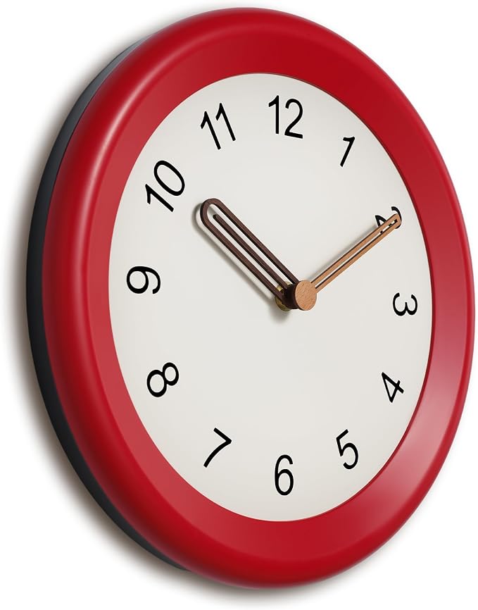 Mosewa 10 Inch Red Wall Clock Silent Non-Ticking Quartz Battery Operated Analog Clock with Wood Hands, Easy to Read Minimalist Round Clock for Kitchen Living Room Bedroom Office