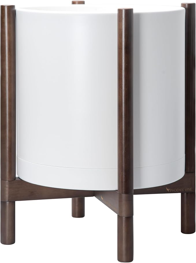 D'vine Dev Plastic Pot with Walnut Wood Stand, White, 16 in, 55-C-X-1 | Mid-Century Inspired Design, Elevated Plant Display, Clean Lines, Sturdy Support, Modern Space-Saving Style