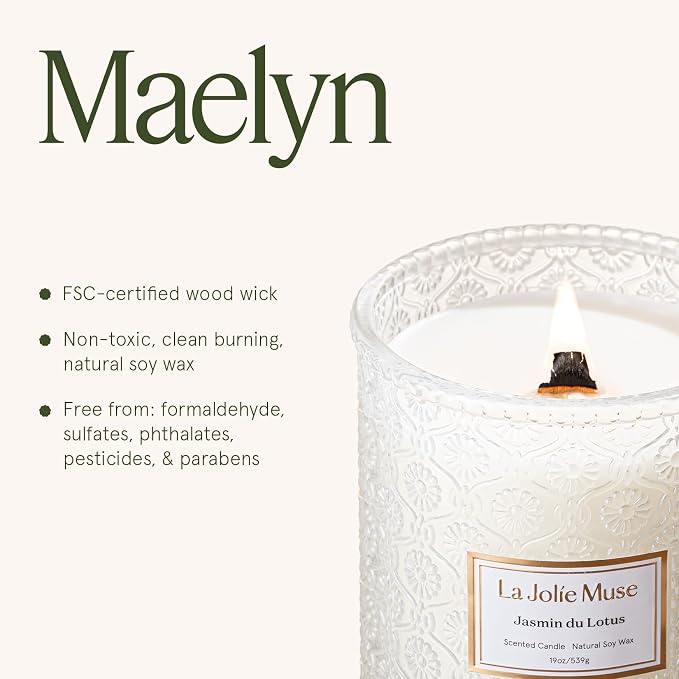 LA JOLIE MUSE Jasmine Lotus Scented Candles for Home, Natural Soy Wax, 19oz | Large Jar Luxury Candles, Clean Non Toxic, Floral Candle Gifts for Women & Mom, Decorative White Candles, Engaged Candle Gift