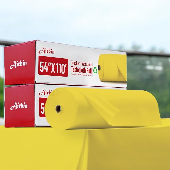Plastic Table Cloth, 110 Ft X 54 In Plastic Table Cloth Disposable Yellow Table Cloths with Any Cut Sliding Cutters Premium PEVA Disposable Tablecloth for Picnics, Parties, Birthdays, Festivals