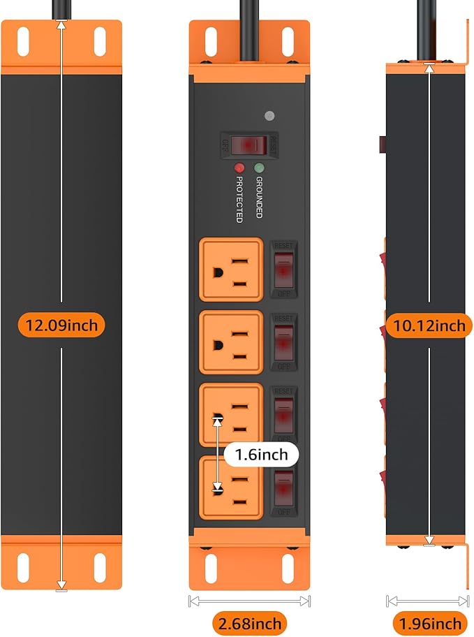 CCCEI Heavy Duty Surge Protector Power Strip 20 Amp Individual Switches. 15FT 12 Gauge Extension Cord with Multiple Outlets. Kitchen, Garage, Shop, Industrial Wall Mount Electric Extender, Orange.