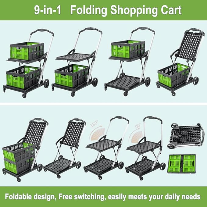 Collapsible Shopping Cart with Wheels,2 Tier Multi Use Foldable Shopping Cart with 2 Storage Crates,Folding Shopping Trolley Utility Cart for Office,Groceries, Warehouse,Supermarket,Picnic (Green)