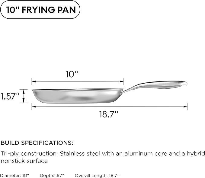 COOKER KING 10-Inch Stainless Steel Pan, Hybrid Nonstick Frying Pan, Skillet, 3-Ply Clad Cookware, Even Heat Distribution, Dishwasher & Oven Safe, with Stay-Cool Handle, Induction Compatible