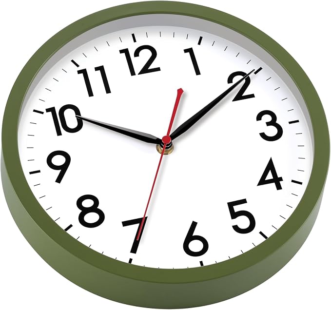 AKCISOT 10 Inch Wall Clock, Battery Operated Analog Clock, Silent Non-Ticking, Ideal for Bedroom, Bathroom, Kitchen, Office and School, Olive Green