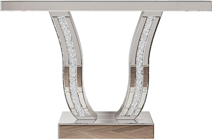 SSLine Modern Mirrored Console Table,43-Inch Silver Mirror Finish Entryway Table with Sparkling Crystal Inlay U-Shape Base Luxury Accent Foyer Tables for Living Room Hallway Entrance