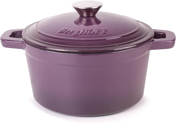 BergHOFF Grill Pan 11 inches, Fry Pan 10 inches, 3qt. Dutch Oven, Matching Lid, Fast, Evenly Heat, Oven Safe, Neo 4Pc Enameled Cast Iron Cookware Set, Purple