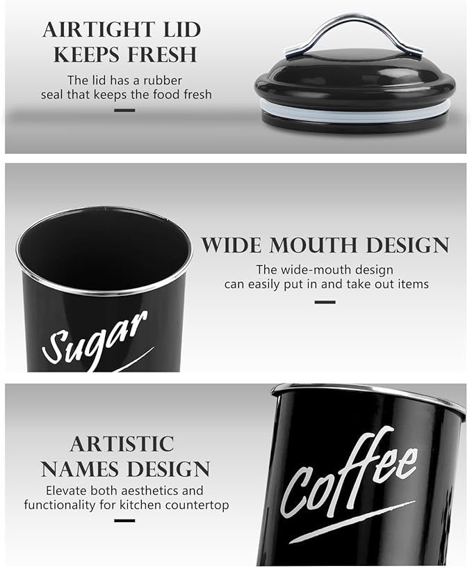 Hillbond Kitchen Canister Set of 4, Airtight Stainless Steel Food Storage Containers with Lids, Flour Sugar Coffee Tea Canisters for Countertop, Metal Kitchen Storage Jars, Black