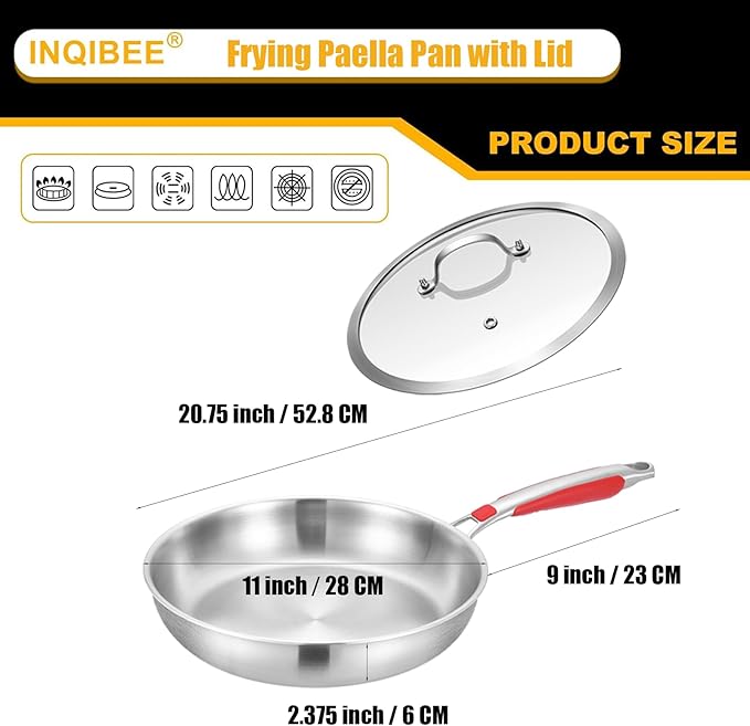 Inqibee 12 Inch Tri-Ply Stainless Steel Frying Pan with Lid, Skillet, Induction Cooking Pan, Dishwasher Safe, Detachable Large Handle