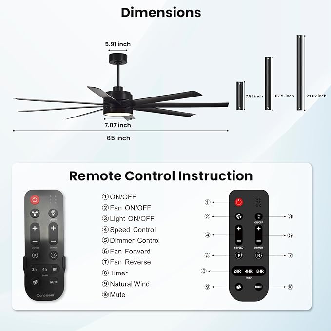 Modern Ceiling Fans with Lights, 65 Inch Ceiling Fan with Light and Remote for Bedroom Living Room Kitchen Office, Indoor/Outdoor Use, 24W 3CCT 8 Blades 6 Speed Reversible Quiet DC Motor, Black