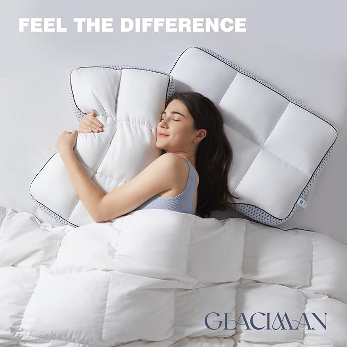 Glaciman Firm Shredded Memory Foam Bed Pillows, Ergonomic Neck and Shoulder Support for Back and Side Sleepers, Machine Washable, Breathable Mesh Gusset, Queen 15 x 25 x 4 Inch, Pack of 2