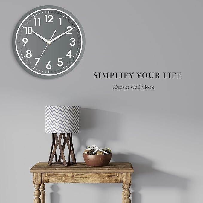 AKCISOT 10 Inch Wall Clock, Battery Operated Analog Clock, Silent Non-Ticking, Ideal for Bedroom, Bathroom, Kitchen, Office and School, Gray