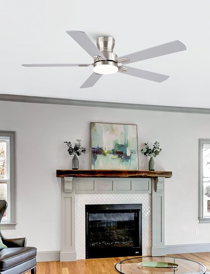 Ceiling Fans with Lights, 52'' Low Profile Ceiling Fan with Light and Remote/APP Control, Modern Flush Mount Ceiling Fan for Indoor Bedroom Living Room, Dimmable, Qiuet DC Motor, Nickel