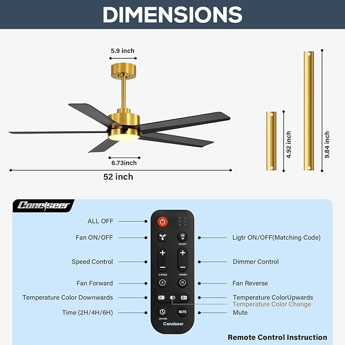 Conciseer 52 Inch Ceiling Fans with Lights and Remote for Bedroom Living Room Kitchen Office, Indoor/Outdoor Use, 6CCT Dimmable, 5 Blades 6 Speed Reversible Quiet DC Motor, Gold/Black
