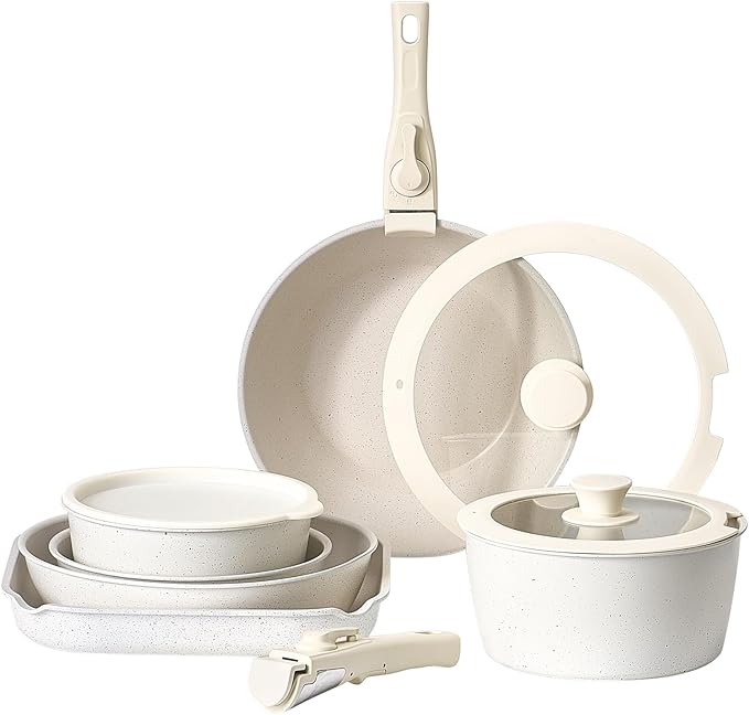 VEVOR 17 Piece Pots and Pans Set Nonstick, Detachable Handle Cookware, Space Saving Induction cookware set, Kitchen RV Cooking Sets, with Frying, Sauce, Saute, Tempered Glass Lids, Oven Safe, White