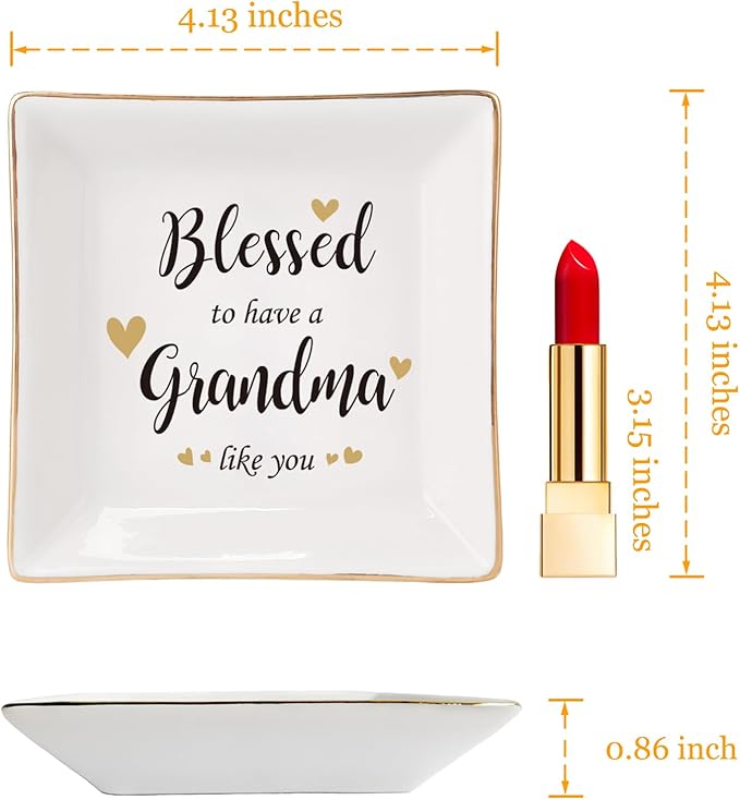 HOME SMILE Mother's Day Gifts for Grandma,Grandmother Ceramic Ring Jewelry Dish Tray Plate for Birthday Valentine's Christmas-Blessed to Have A Grandma Like You