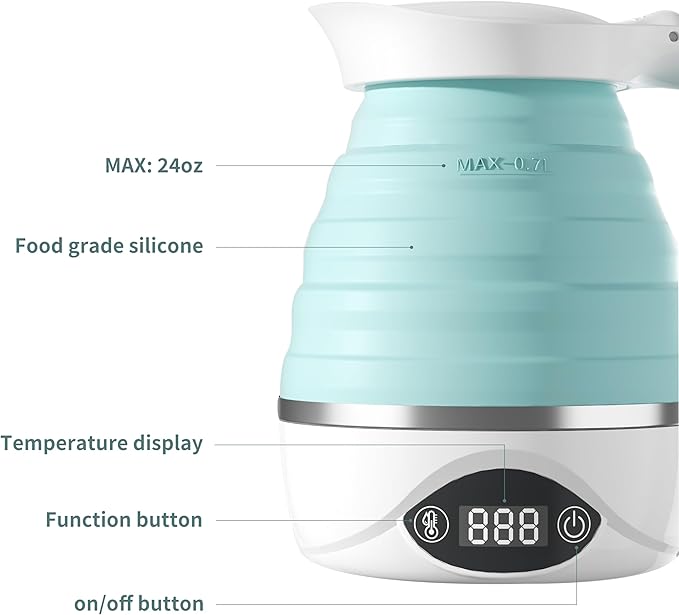 AUCOO Collapsible Travel Kettle Electric Portable Foldable Kettle for Boiling Water, Suitable for 110V & 220V Dual Voltage, for Tea & Coffee, 850W Small Mini BPA-free Silicone Blue electric kettle
