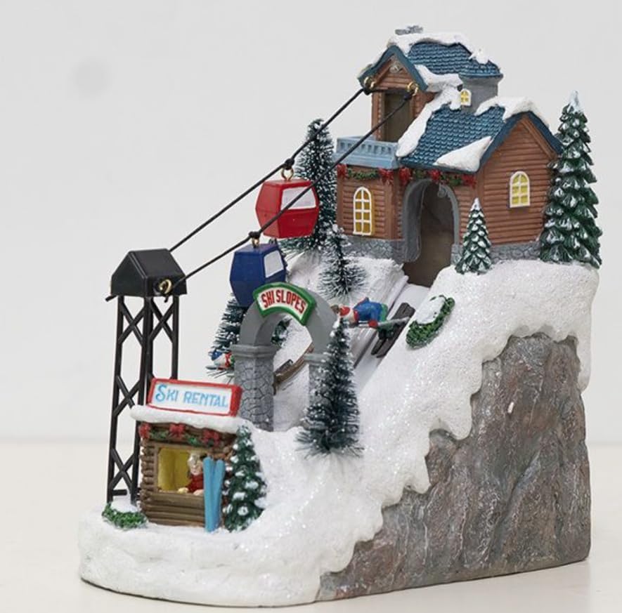 ZQQLITE Animated Collection Figurines Musical Christmas Ski Slope Village Scene, Winter ski Resort Christmas Collection Figurines for Home Tabletop Lighted Decorations Ornaments Gifts
