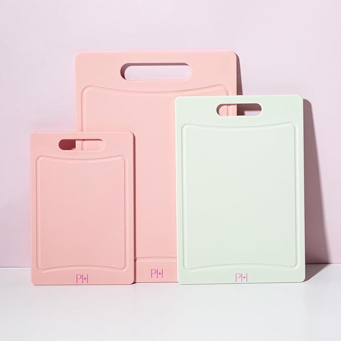 Paris Hilton Cutting Boards, Dual-Sided Cutting Board Set with Built-in Juice Grooves, Easy-Grip Handles, Heavy-Duty Plastic Made without BPA, Dishwasher Safe, 3-Piece Set, Pink and Cream
